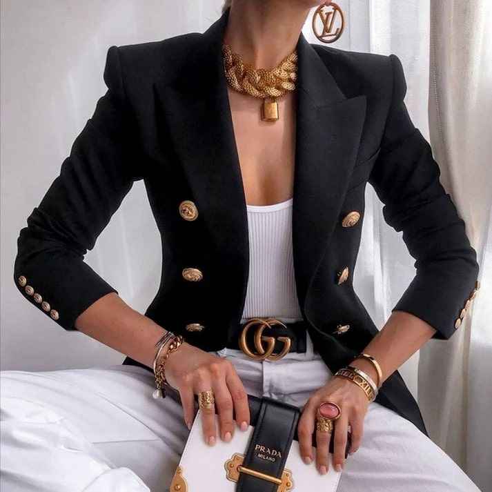 Women's Double-Breasted Fitted Blazer with Gold Buttons and Classic Lapels Black