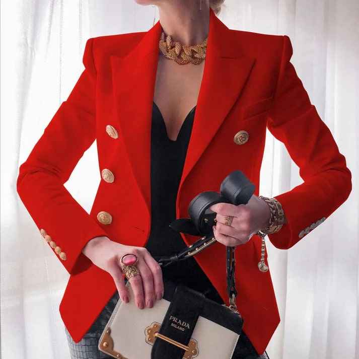 Women's Double-Breasted Fitted Blazer with Gold Buttons and Classic Lapels Red