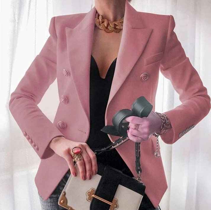 Women's Double-Breasted Fitted Blazer with Gold Buttons and Classic Lapels Pink