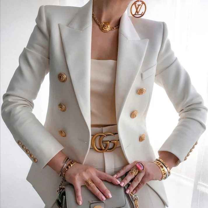 Women's Double-Breasted Fitted Blazer with Gold Buttons and Classic Lapels White