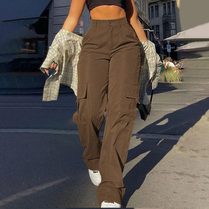 Carly | Women's High Waist Cargo Pants - Casual Comfort & Pockets Brown