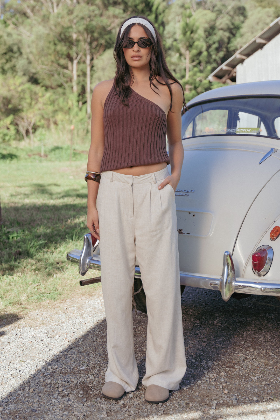 Women's High-Rise Pleated Beige Linen Pants