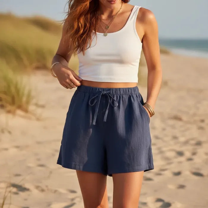 Women's Casual Linen Shorts with Elastic Waist and Drawstring Blue