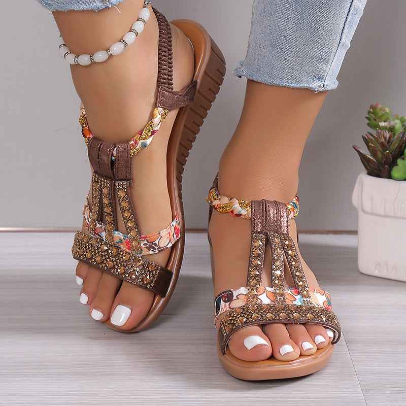Casual Wedges Sandals With Rhinestone Summer Plus-size Peep-toe Roman Shoes Dark Brown