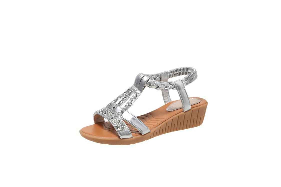 Casual Wedges Sandals With Rhinestone Summer Plus-size Peep-toe Roman Shoes Leather Silver