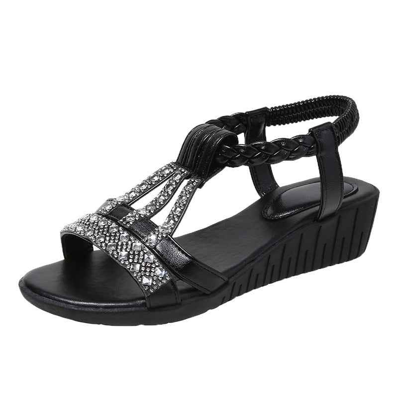 Casual Wedges Sandals With Rhinestone Summer Plus-size Peep-toe Roman Shoes Black Leather