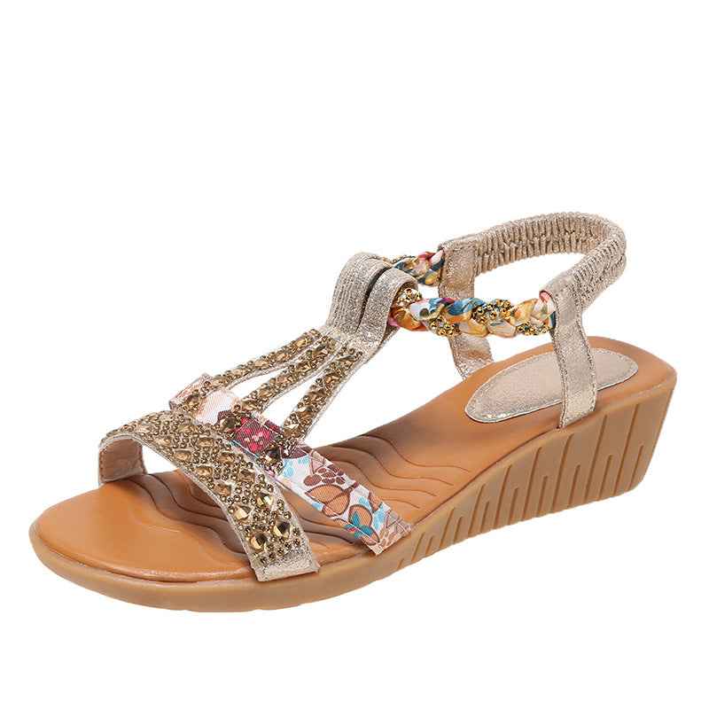 Casual Wedges Sandals With Rhinestone Summer Plus-size Peep-toe Roman Shoes Gold