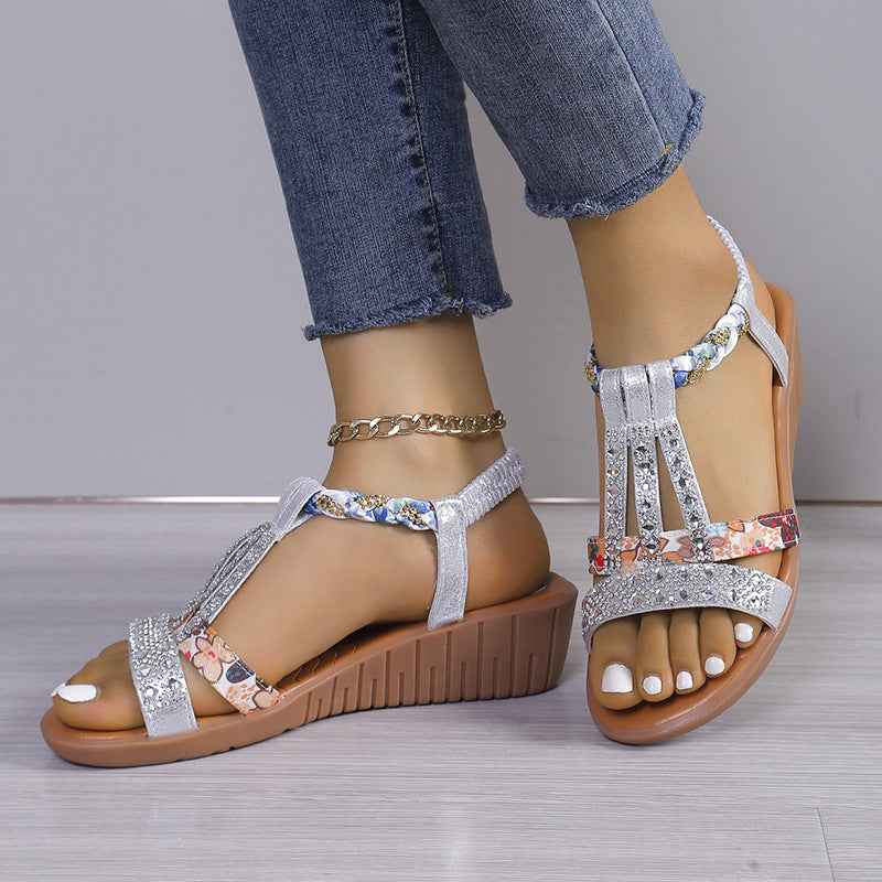 Casual Wedges Sandals With Rhinestone Summer Plus-size Peep-toe Roman Shoes Silver