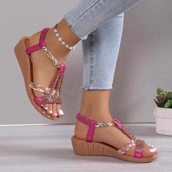 Casual Wedges Sandals With Rhinestone Summer Plus-size Peep-toe Roman Shoes Rose Red