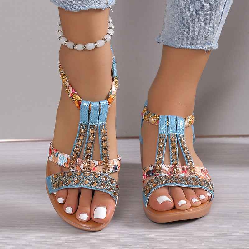Casual Wedges Sandals With Rhinestone Summer Plus-size Peep-toe Roman Shoes Sky Blue