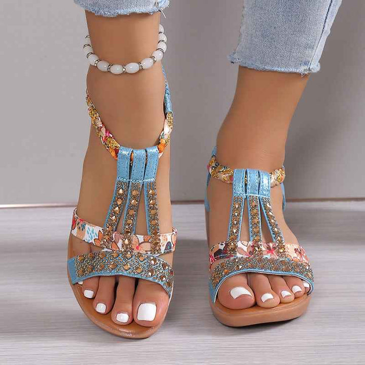 Casual Wedges Sandals With Rhinestone Summer Plus-size Peep-toe Roman Shoes Sky Blue