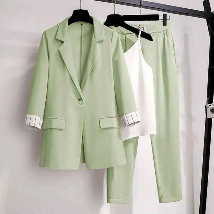 Women's Three-Piece Blazer Set – Tailored Blazer, Straight Pants, and Camisole Top Green