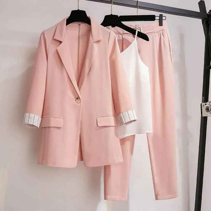 Women's Three-Piece Blazer Set – Tailored Blazer, Straight Pants, and Camisole Top Pink