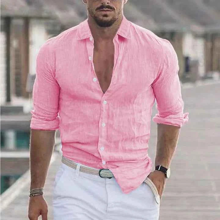 Men's Linen Shirt with Classic Turn-Down Collar Pink