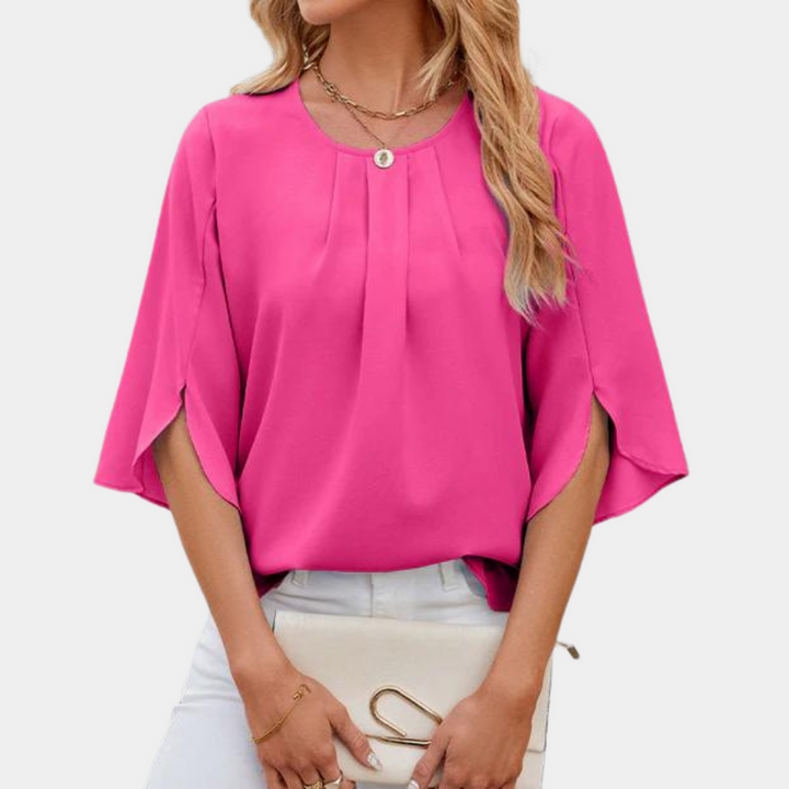 Women's Elegant Loose Fit Blouse – Round Neck – 3/4 Sleeve with Slit Pink