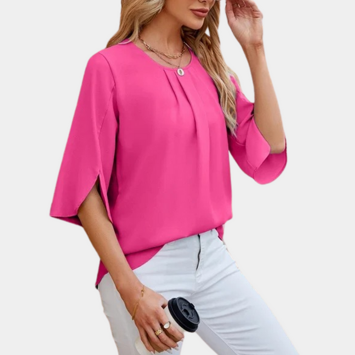 Women's Elegant Loose Fit Blouse – Round Neck – 3/4 Sleeve with Slit
