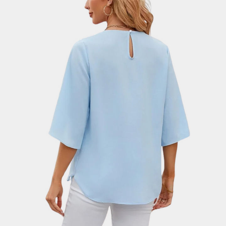 Women's Elegant Loose Fit Blouse – Round Neck – 3/4 Sleeve with Slit