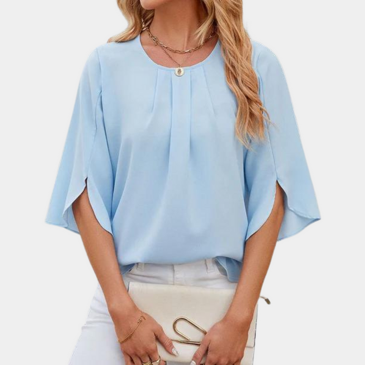 Women's Elegant Loose Fit Blouse – Round Neck – 3/4 Sleeve with Slit Blue