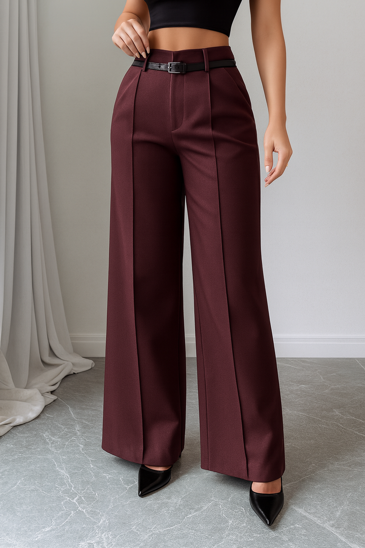 Jolan | Women's High Waist Straight Leg Trousers – Regular Fit Burgundy