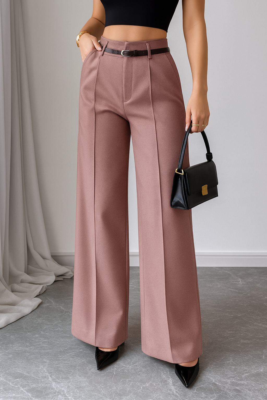 Jolan | Women's High Waist Straight Leg Trousers – Regular Fit Pink