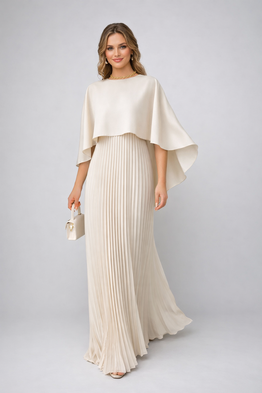 Daisy | Women's Pleated Chiffon Maxi Dress – High Neck & Relaxed Fit Off-White