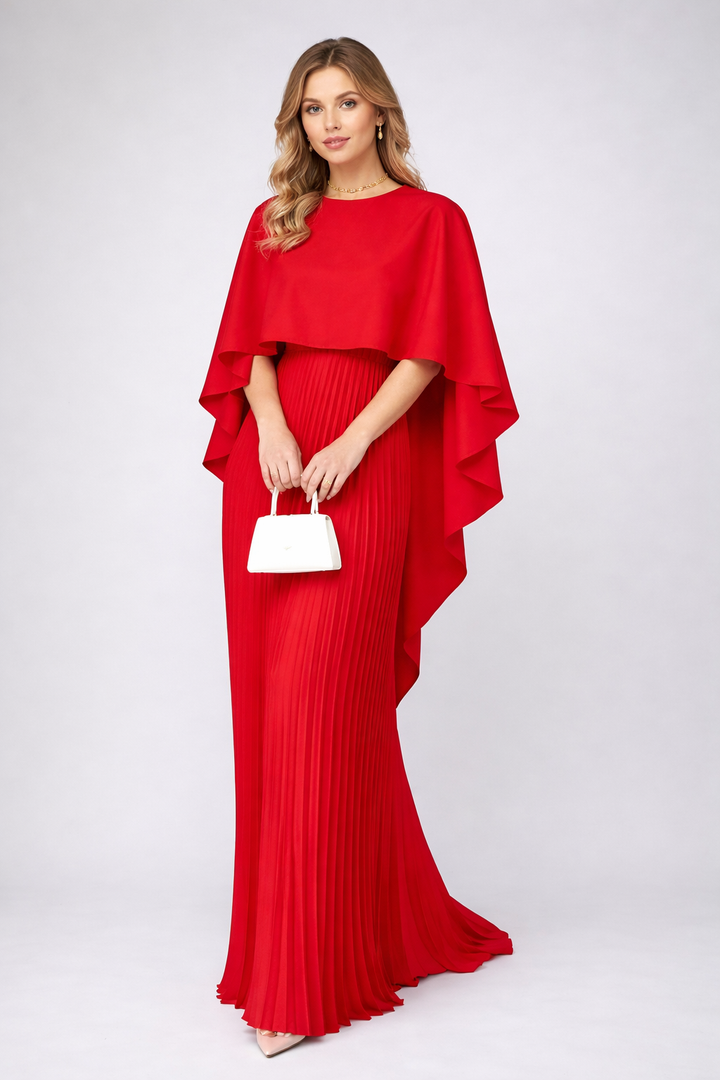 Daisy | Women's Pleated Chiffon Maxi Dress – High Neck & Relaxed Fit Red