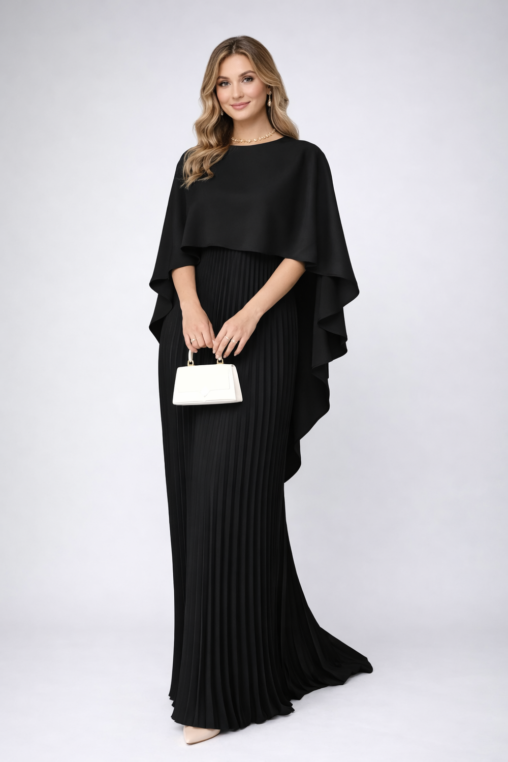 Daisy | Women's Pleated Chiffon Maxi Dress – High Neck & Relaxed Fit Black