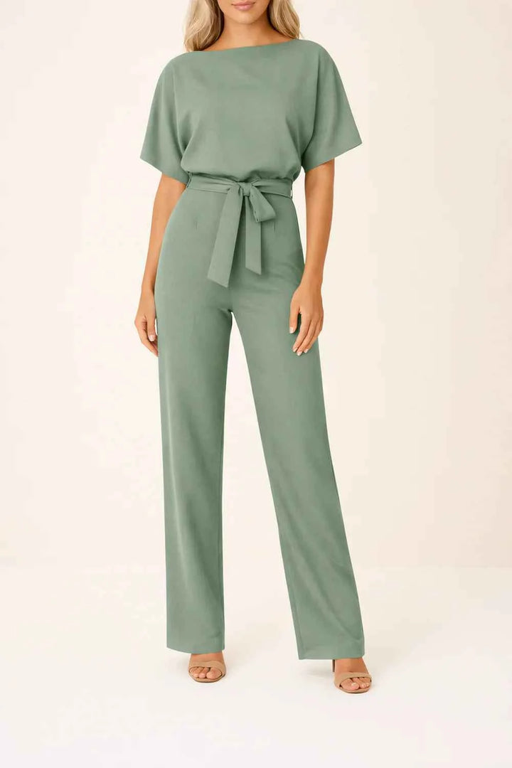 Women's Elegant Wide Leg Belted Jumpsuit with Short Sleeves