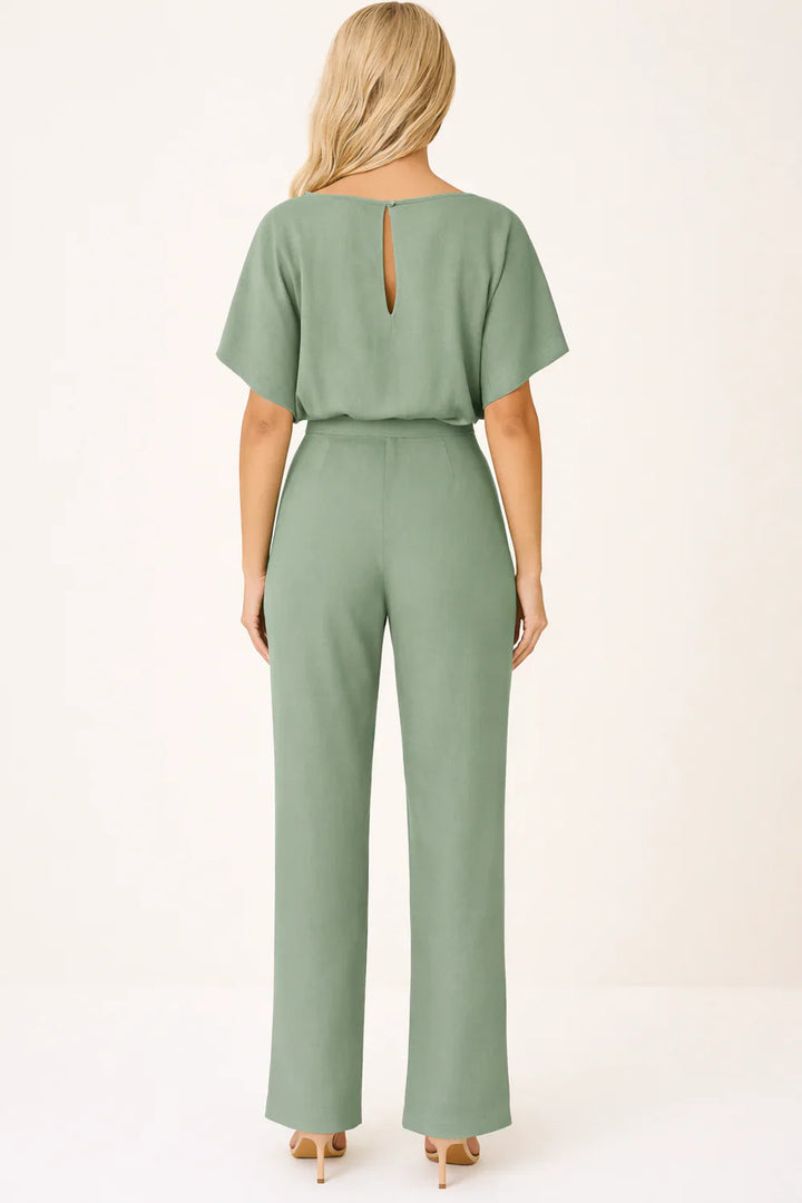 Women's Elegant Wide Leg Belted Jumpsuit with Short Sleeves