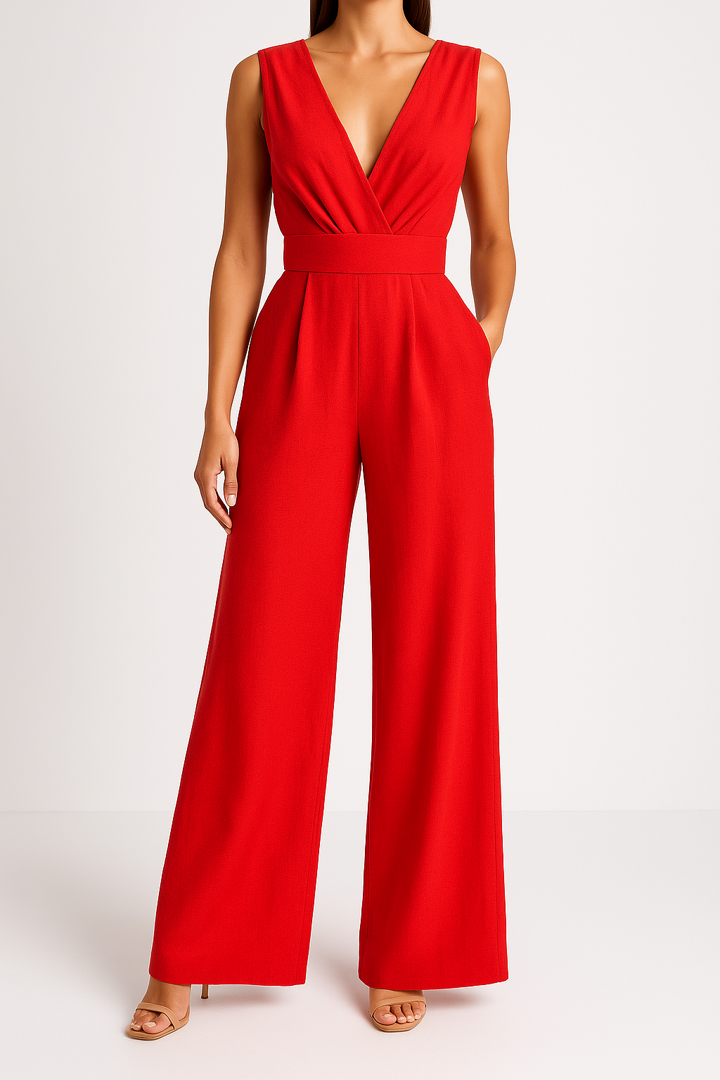 Women's Slim Fit Sleeveless Jumpsuit - V-Neck, High Waist, Wide Legs Red