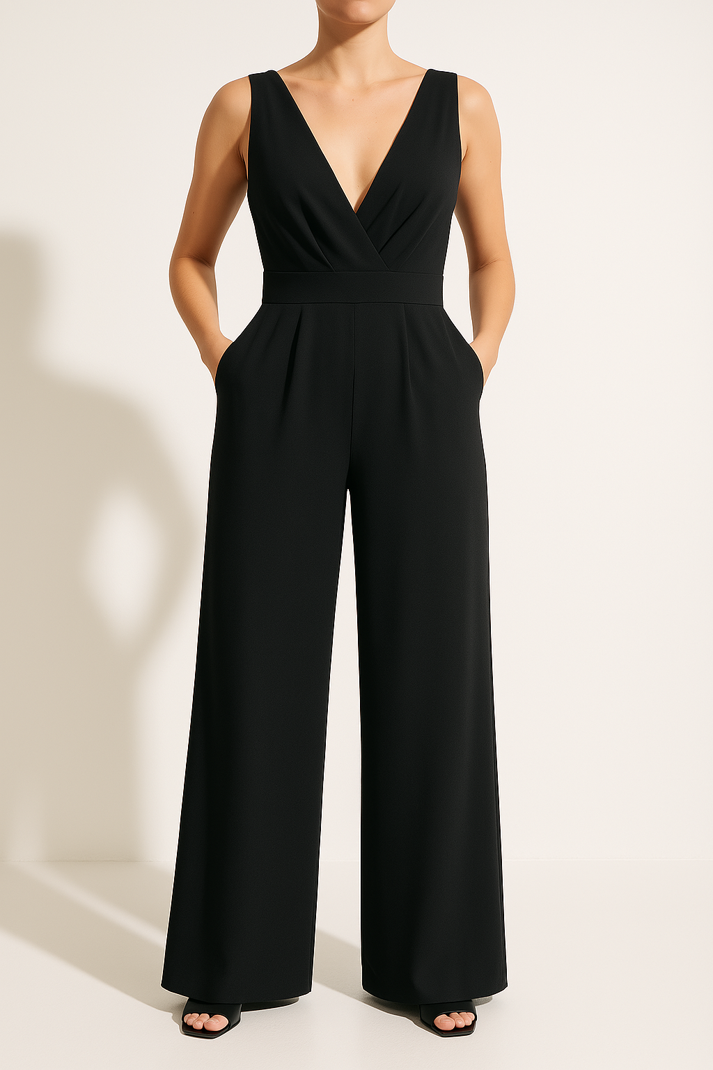 Women's Slim Fit Sleeveless Jumpsuit - V-Neck, High Waist, Wide Legs Black