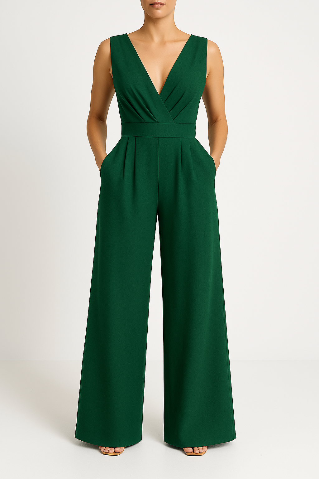 Women's Slim Fit Sleeveless Jumpsuit - V-Neck, High Waist, Wide Legs Army Green