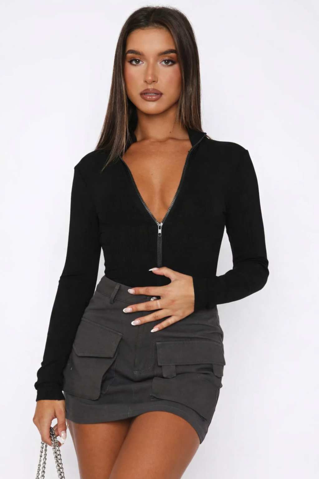 Yara | Women's Versatile Zipper Bodysuit Top - Comfortable & Functional Black