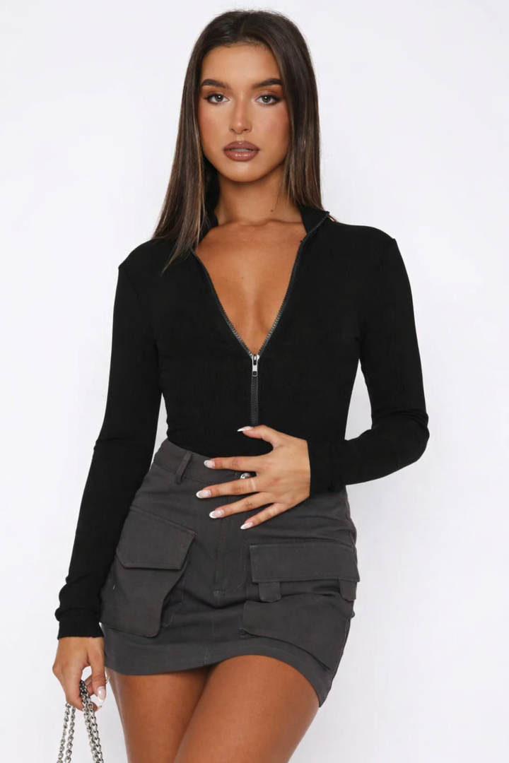 Yara | Women's Versatile Zipper Bodysuit Top - Comfortable & Functional Black