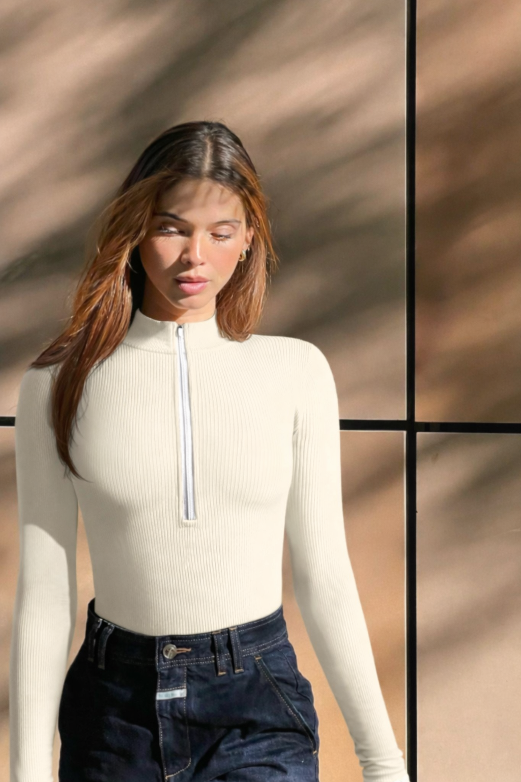 Yara | Women's Versatile Zipper Bodysuit Top - Comfortable & Functional Beige