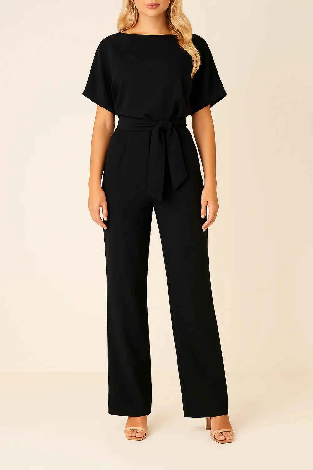 Women's Elegant Wide Leg Belted Jumpsuit with Short Sleeves