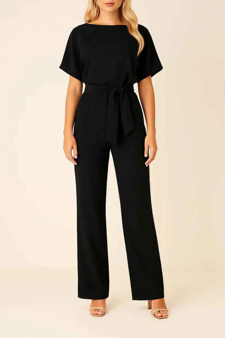 Women's Elegant Wide Leg Belted Jumpsuit with Short Sleeves