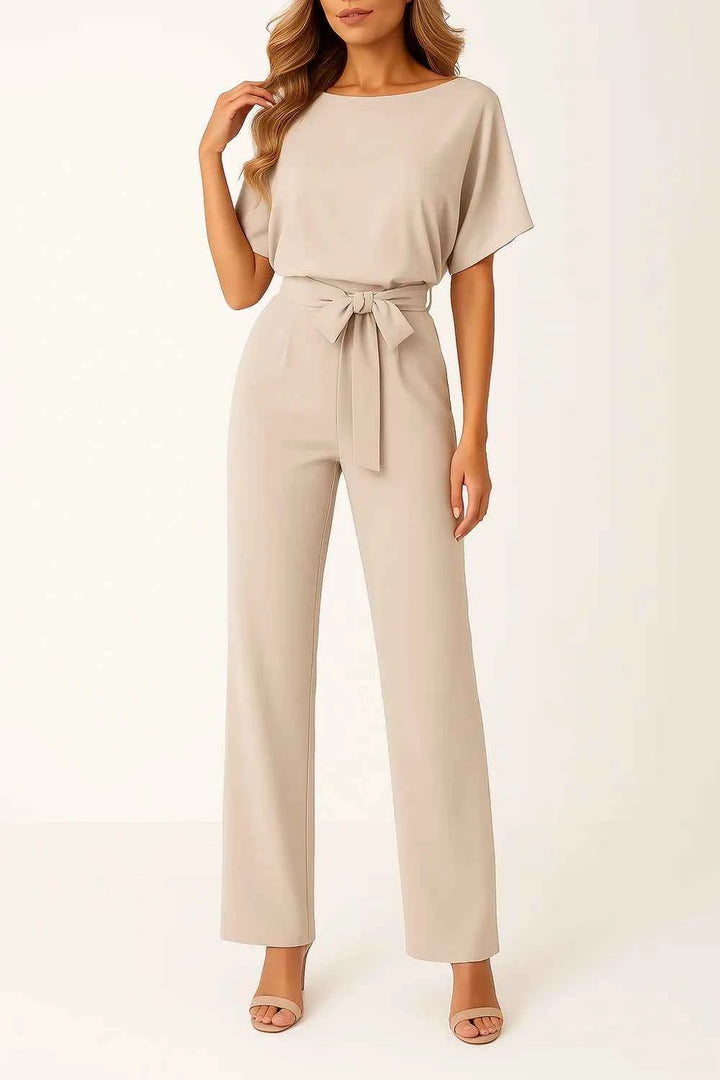 Women's Elegant Wide Leg Belted Jumpsuit with Short Sleeves
