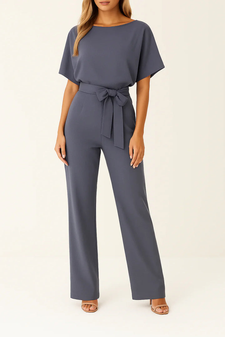 Women's Elegant Wide Leg Belted Jumpsuit with Short Sleeves