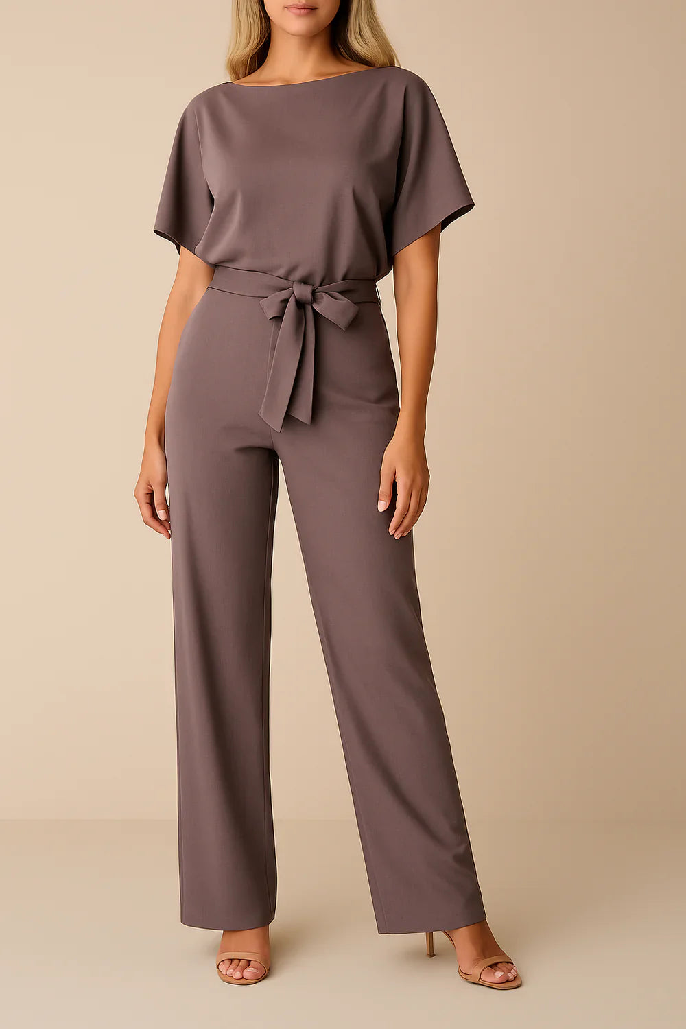 Women's Elegant Wide Leg Belted Jumpsuit with Short Sleeves