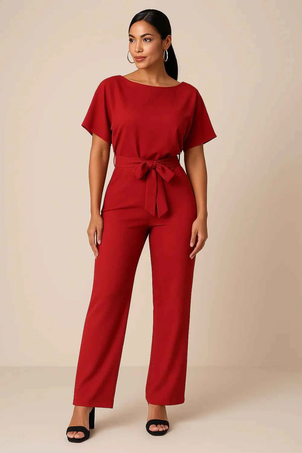 Women's Elegant Wide Leg Belted Jumpsuit with Short Sleeves