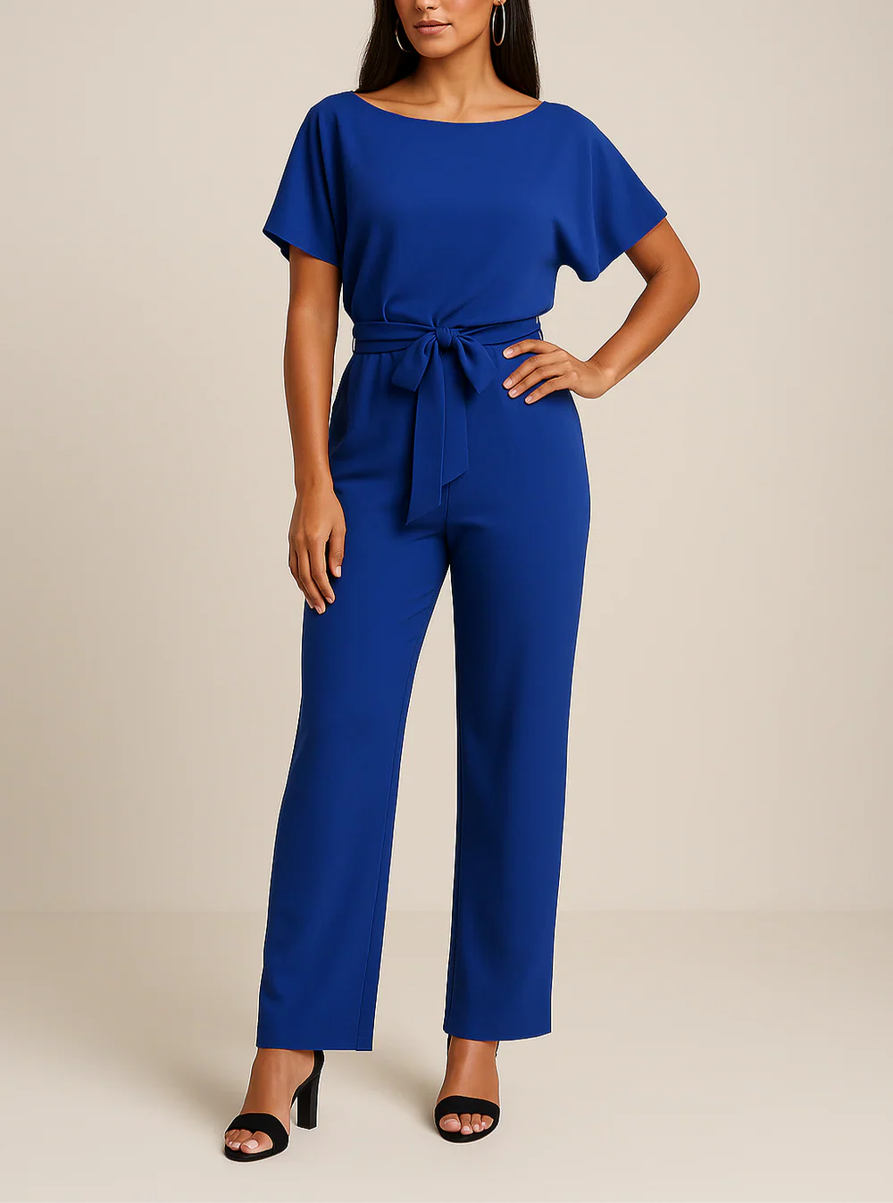 Women's Elegant Wide Leg Belted Jumpsuit with Short Sleeves
