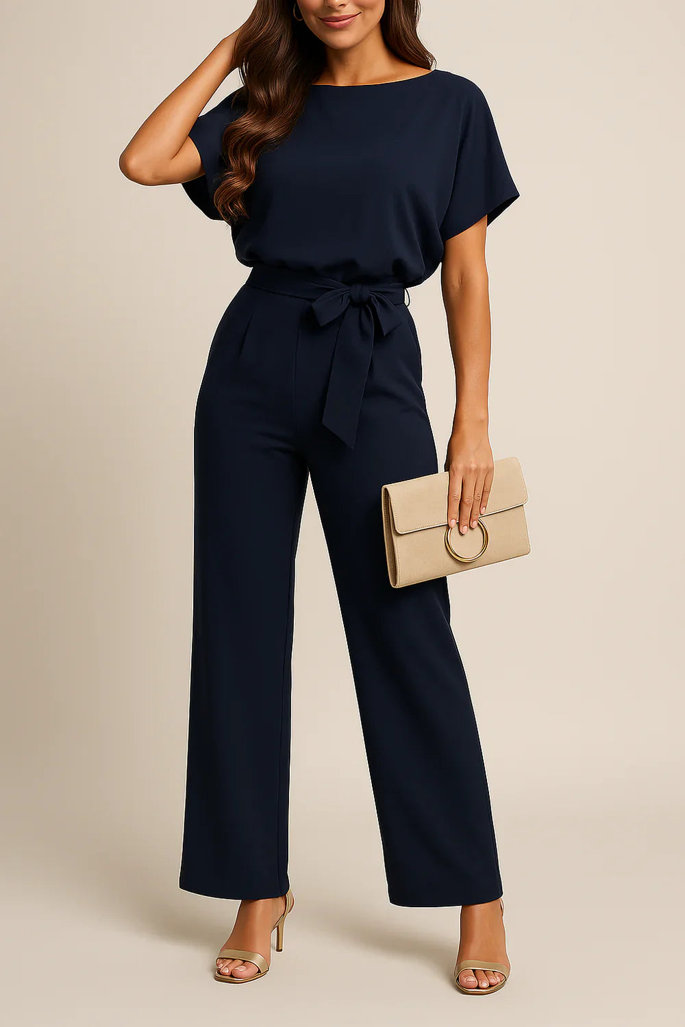 Women's Elegant Wide Leg Belted Jumpsuit with Short Sleeves