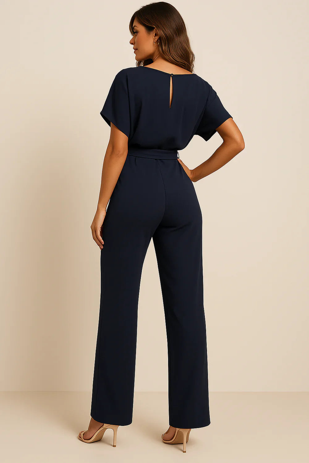 Women's Elegant Wide Leg Belted Jumpsuit with Short Sleeves