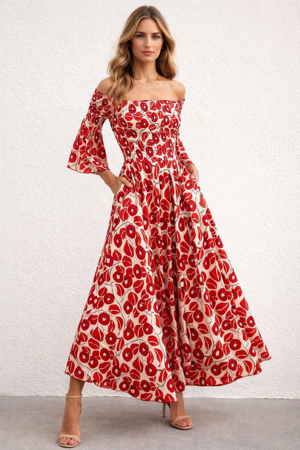 Dela | Women's Airy Floral Print Maxi Dress Red