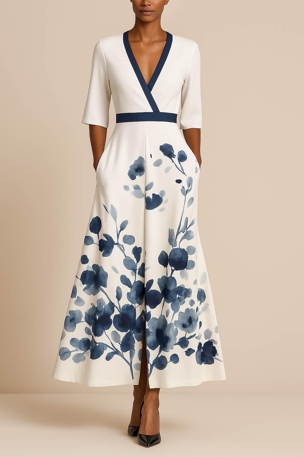 Sophia | Women's Elegant Maxi Dress with V-neck and Floral Print White