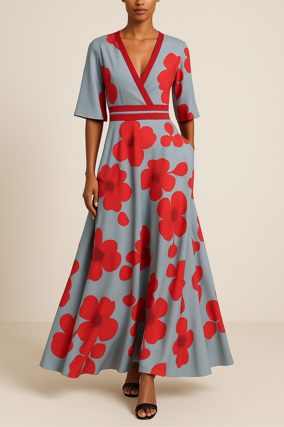Sophia | Women's Elegant Maxi Dress with V-neck and Floral Print Red