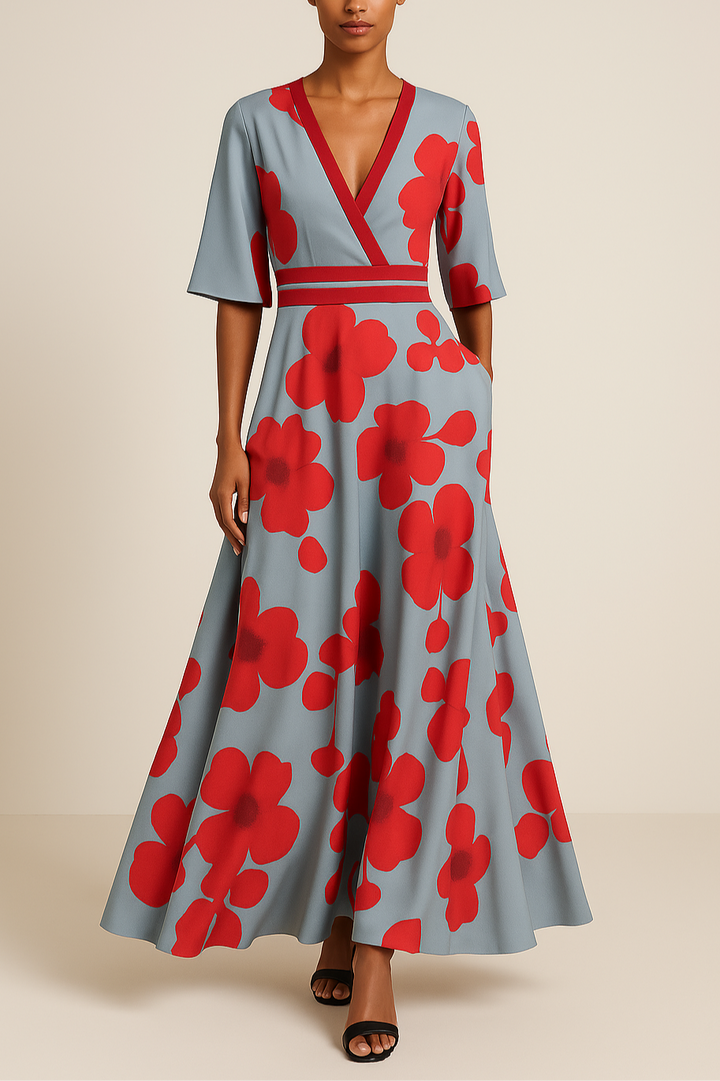 Sophia | Women's Elegant Maxi Dress with V-neck and Floral Print Red