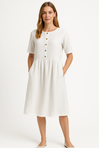 Women's Relaxed Fit Midi Dress – Breathable Fabric, Button Closure & Pockets White
