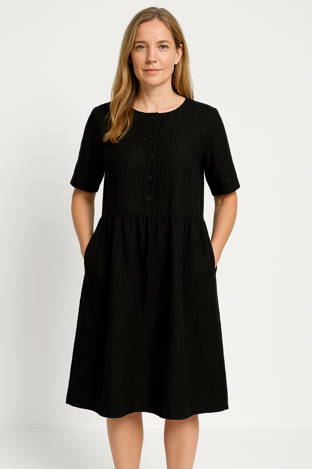 Women's Relaxed Fit Midi Dress – Breathable Fabric, Button Closure & Pockets Black
